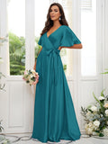 A-Line/Princess Silk like Satin Sash/Ribbon/Belt V-neck Short Sleeves Floor-Length Bridesmaid Dresses TPP0004897