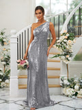 Sheath/Column Sequins Ruched One-Shoulder Sleeveless Sweep/Brush Train Bridesmaid Dresses TPP0004900