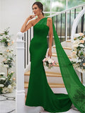 Sheath/Column Stretch Crepe Ruched One-Shoulder Sleeveless Sweep/Brush Train Bridesmaid Dresses TPP0004913