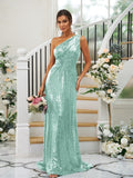 Sheath/Column Sequins Ruched One-Shoulder Sleeveless Sweep/Brush Train Bridesmaid Dresses TPP0004900