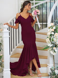 Trumpet/Mermaid Jersey Ruffles V-neck Sleeveless Asymmetrical Bridesmaid Dresses TPP0004937