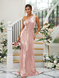 Sheath/Column Sequins Ruched One-Shoulder Sleeveless Sweep/Brush Train Bridesmaid Dresses TPP0004900