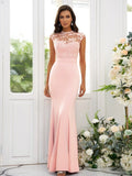 Trumpet/Mermaid Charmeuse Applique High Neck Sleeveless Floor-Length Bridesmaid Dresses TPP0004924