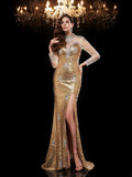 Trumpet/Mermaid High Neck Beading 3/4 Sleeves Long Sequins Dresses TPP0009114