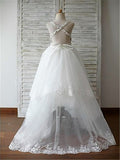 A-line/Princess Spaghetti Straps Sleeveless Beading Sweep/Brush Train Tulle Flower Girl Dresses TPP0007560