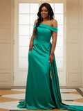 Sheath/Column Silk like Satin Ruffles Off-the-Shoulder Sleeveless Sweep/Brush Train Dresses TPP0001406