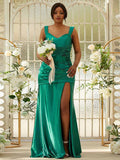 Sheath/Column Elastic Woven Satin Ruched Sweetheart Sleeveless Sweep/Brush Train Bridesmaid Dresses TPP0004998