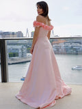 A-Line/Princess Satin Off-the-Shoulder Sleeveless Hand-Made Flower Sweep/Brush Train Dresses TPP0001505