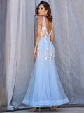 Trumpet/Mermaid Tulle V-neck Sleeveless Applique Floor-Length Dresses TPP0001554