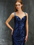 Sheath/Column V-neck Sleeveless Sweep/Brush Train Beading Sequins Dresses TPP0003472