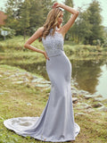 Sheath/Column Stretch Crepe Lace Halter Sleeveless Sweep/Brush Train Bridesmaid Dresses TPP0004957