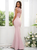 Trumpet/Mermaid Charmeuse Applique High Neck Sleeveless Floor-Length Bridesmaid Dresses TPP0004924