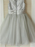 A-line/Princess Scoop Sleeveless Sequin Tea-Length Tulle Flower Girl Dresses TPP0007673