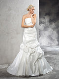 Sheath/Column Strapless Pleats Sleeveless Long Satin Wedding Dresses TPP0006965