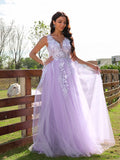 A-Line/Princess Tulle Applique V-neck Sleeveless Floor-Length Dresses TPP0001418