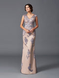 Sheath/Column Straps Applique Sleeveless Long Satin Dresses TPP0009066