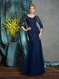 Sheath/Column V-neck Applique 3/4 Sleeves Long Net Mother of the Bride Dresses TPP0007185