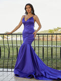 Trumpet/Mermaid Satin Ruffles V-neck Sleeveless Sweep/Brush Train Dresses TPP0001576