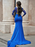 Trumpet/Mermaid Applique Long Sleeves Jersey High Neck Sweep/Brush Train Dresses TPP0001476