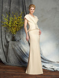 Sheath/Column V-neck Beading Short Sleeves Long Silk like Satin Mother of the Bride Dresses TPP0007271