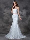 Trumpet/Mermaid Strapless Sash/Ribbon/Belt Sleeveless Long Lace Wedding Dresses TPP0006769