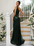 Sheath/Column Sequins Ruched One-Shoulder Sleeveless Sweep/Brush Train Bridesmaid Dresses TPP0004900