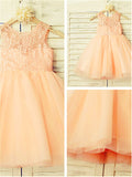 A-line/Princess Scoop Sleeveless Lace Tea-Length Tulle Flower Girl Dresses TPP0007768