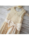 A-line/Princess Sleeveless Scoop Bowknot Knee-Length Lace Flower Girl Dresses TPP0007627