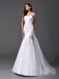 Trumpet/Mermaid Straps Beading Sleeveless Long Net Wedding Dresses TPP0006774