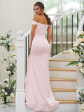 Sheath/Column Stretch Crepe Ruched Off-the-Shoulder Sleeveless Sweep/Brush Train Bridesmaid Dresses TPP0004926