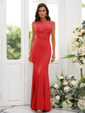 Trumpet/Mermaid Charmeuse Applique High Neck Sleeveless Floor-Length Bridesmaid Dresses TPP0004924