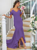 Trumpet/Mermaid Jersey Ruffles V-neck Sleeveless Asymmetrical Bridesmaid Dresses TPP0004937