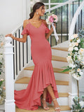 Trumpet/Mermaid Jersey Ruffles V-neck Sleeveless Asymmetrical Bridesmaid Dresses TPP0004937