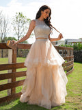 A-Line/Princess Tulle Beading Scoop Sleeveless Floor-Length Two Piece Dresses TPP0001419