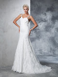 Trumpet/Mermaid Spaghetti Straps Lace Sleeveless Long Lace Wedding Dresses TPP0006854