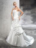 Sheath/Column Strapless Pleats Sleeveless Long Satin Wedding Dresses TPP0006965