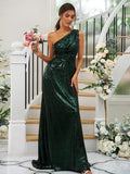 Sheath/Column Sequins Ruched One-Shoulder Sleeveless Sweep/Brush Train Bridesmaid Dresses TPP0004900