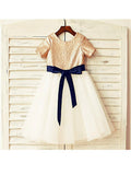 A-line/Princess Scoop Short Sleeves Sequin Tea-Length Tulle Flower Girl Dresses TPP0007726