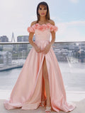 A-Line/Princess Satin Off-the-Shoulder Sleeveless Hand-Made Flower Sweep/Brush Train Dresses TPP0001505