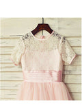 A-line/Princess Jewel Short Sleeves Lace Tea-Length Tulle Flower Girl Dresses TPP0007793