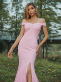 Sheath/Column Stretch Crepe Ruched Off-the-Shoulder Sleeveless Sweep/Brush Train Bridesmaid Dresses TPP0005007