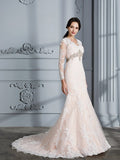 Trumpet/Mermaid V-Neck Beading Long Sleeves Sweep/Brush Train Tulle Wedding Dresses TPP0006655