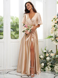 A-Line/Princess Silk like Satin Sash/Ribbon/Belt V-neck Short Sleeves Floor-Length Bridesmaid Dresses TPP0004897