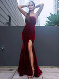 Sheath/Column Velvet Ruched Spaghetti Straps Sleeveless Sweep/Brush Train Dresses TPP0001639