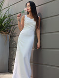 Sheath/Column Stretch Crepe Ruched Straps Sleeveless Floor-Length Wedding Dresses TPP0007024