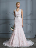 Trumpet/Mermaid V-neck Sleeveless Applique Tulle Court Train Wedding Dresses TPP0006470