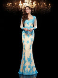 Trumpet/Mermaid Sweetheart Applique 3/4 Sleeves Long Net Dresses TPP0009168