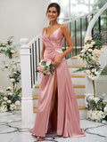 A-Line/Princess Silk like Satin Ruched V-neck Sleeveless Floor-Length Bridesmaid Dresses TPP0004934