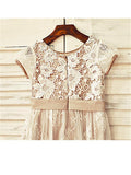 A-line/Princess Scoop Short Sleeves Hand-made Flower Tea-Length Lace Flower Girl Dresses TPP0007728