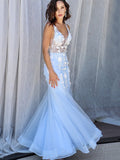 Trumpet/Mermaid Tulle V-neck Sleeveless Applique Floor-Length Dresses TPP0001554